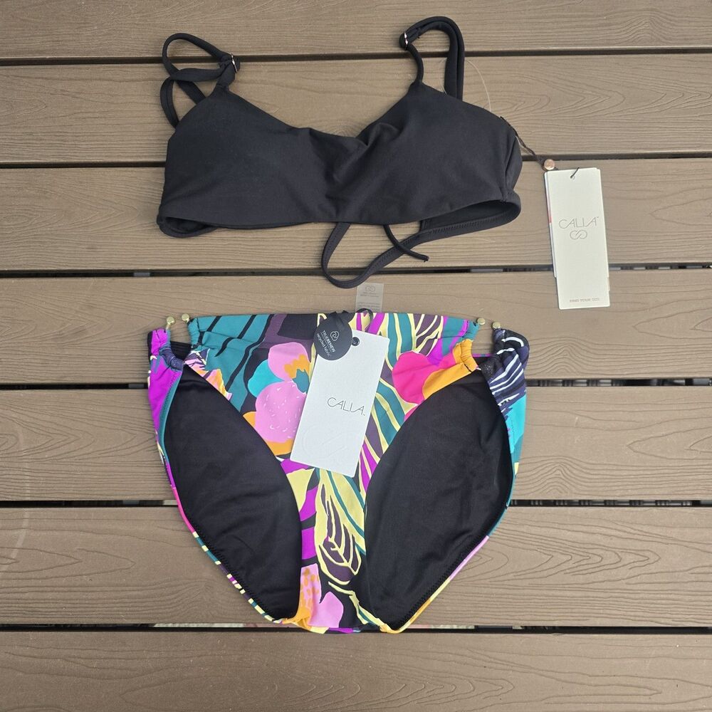 CALIA Women's Black Tieback Bikini Top & Paradise Mid Rise Sz XS New